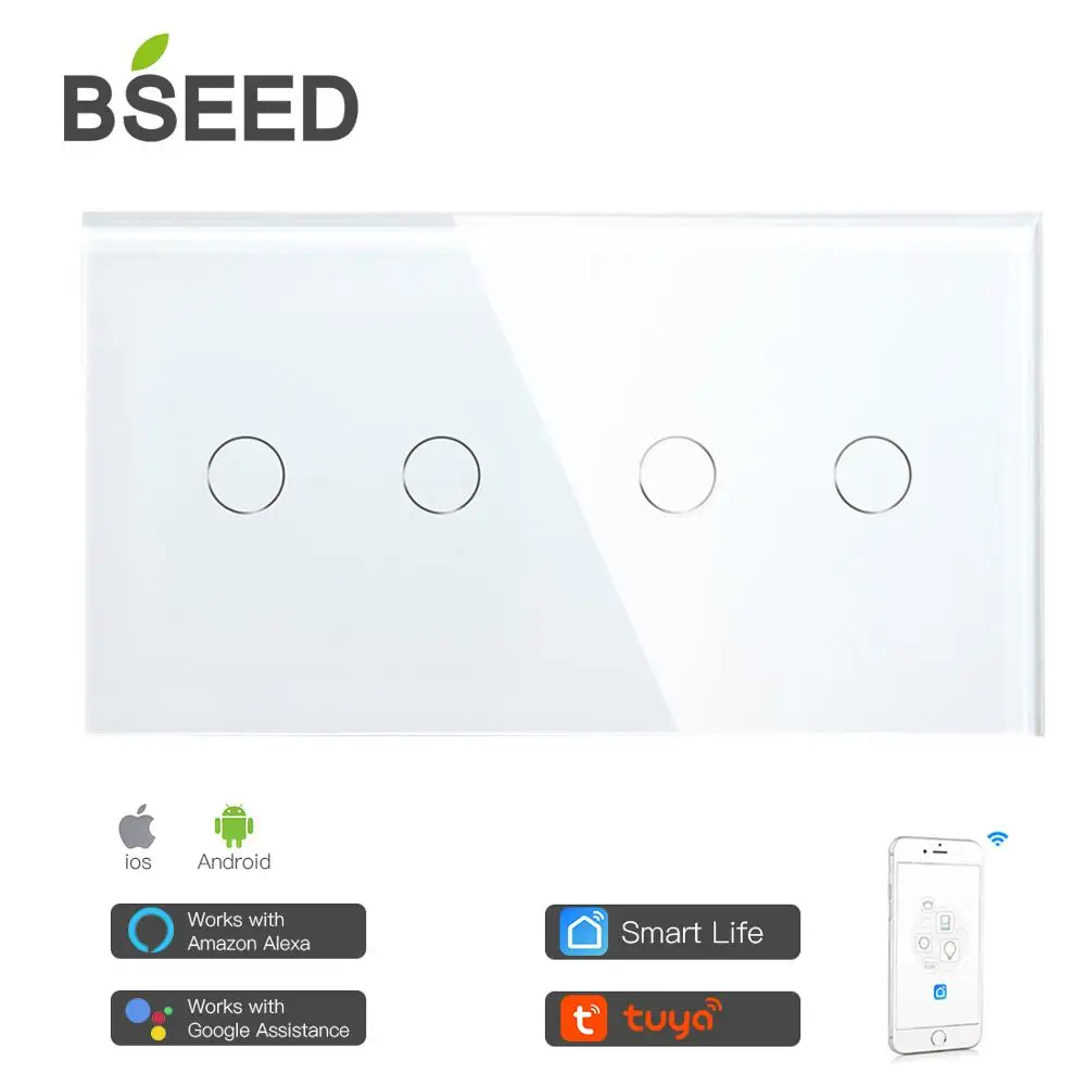 Bseed Smart 4 Gang WifI Control Touch Switch Work With Tuya157mm Light Switch White Black Gold Mirror Crystal Panel Switch
