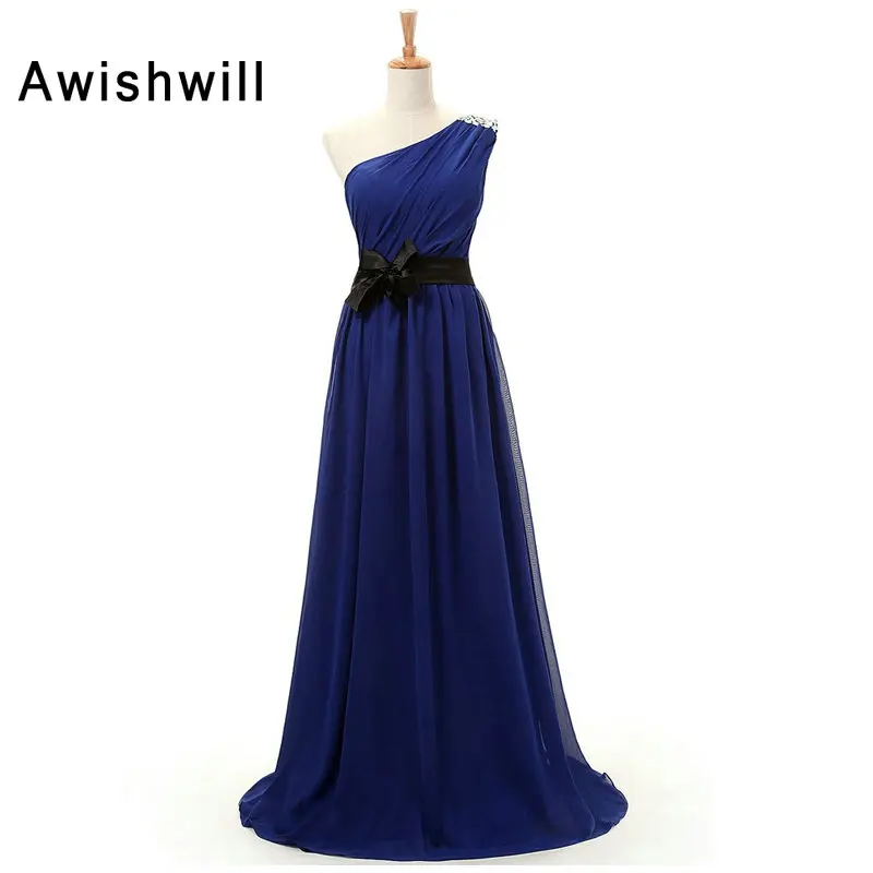 Royal Blue Недорогие Вечерние платья на одно плечо для женщин, королевское синее шифоновое длинное свадебное платье с бисером, элегантное торжественное платье размера плюс - Цвет: Royal Blue