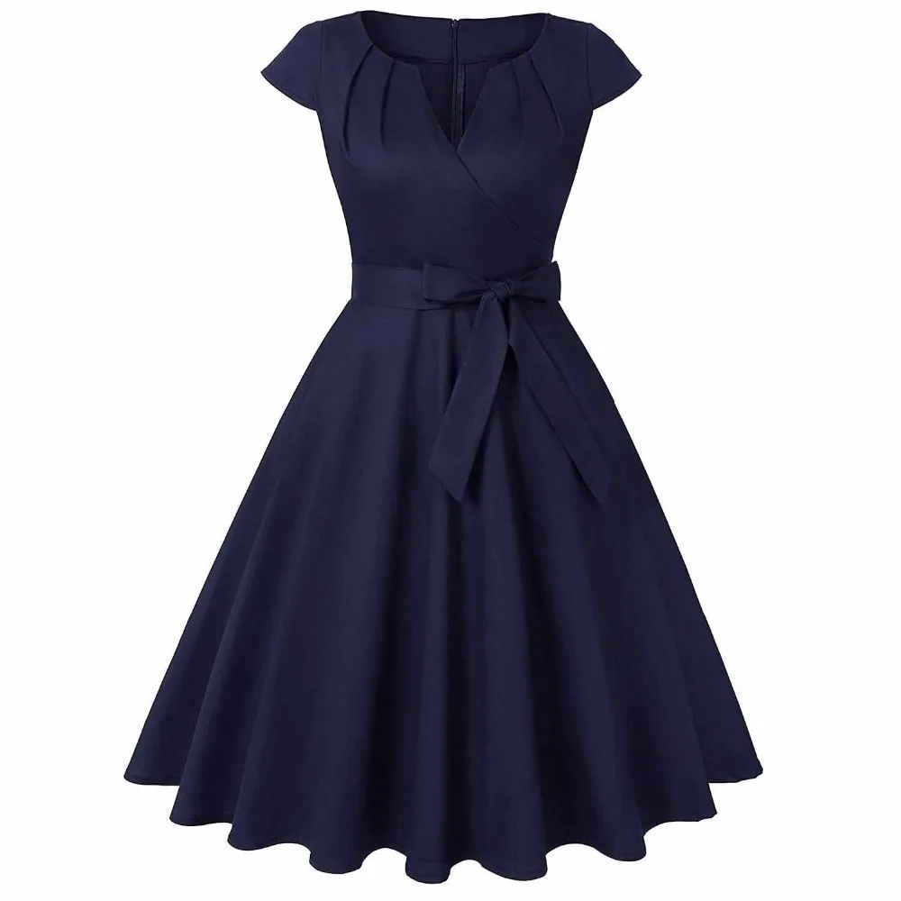 Navy Blue Black Audrey Hepburn Dress V Neck Cotton Short Sleeve 50s 60s 1950s Retro Vintage Big Swing Pinup Rockabilly Dresses