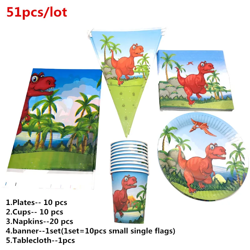 51pcs 60pc For20 People Dinosaur Theme Tableware Set Decorate Flags Napkins Cups Birthday Party Banner Baby Shower Boys Favors Plates - Color: 51pcs