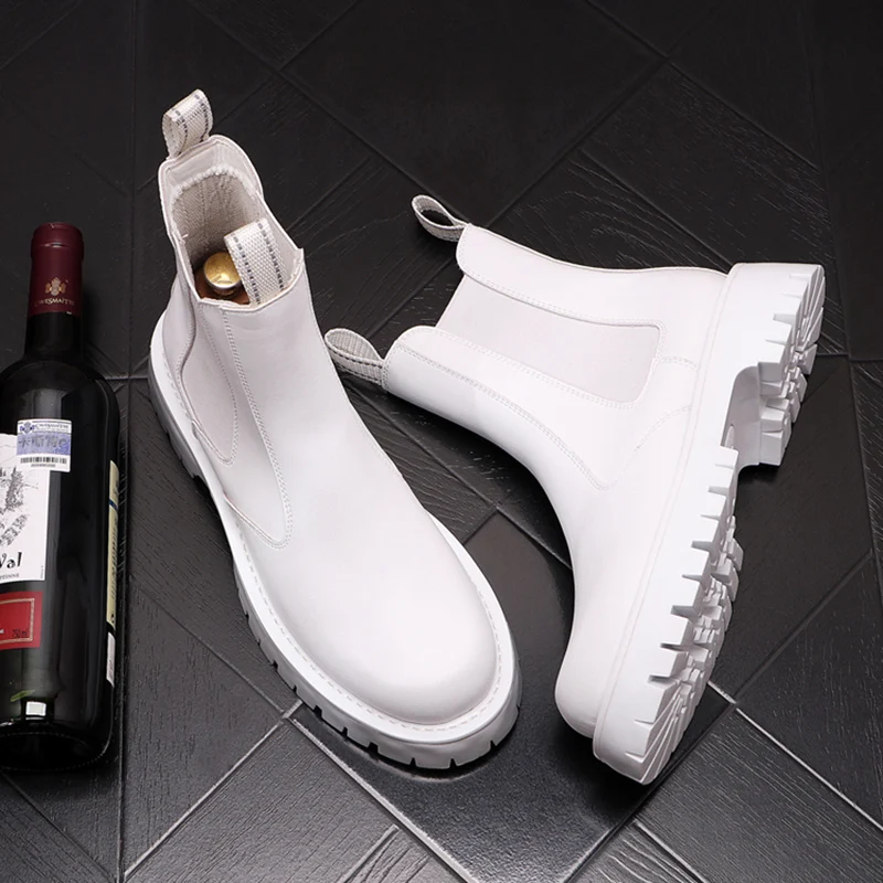 italian brand designer men's leisure chelsea boots black white platform shoes genuine leather boot cowboy short botas masculinas