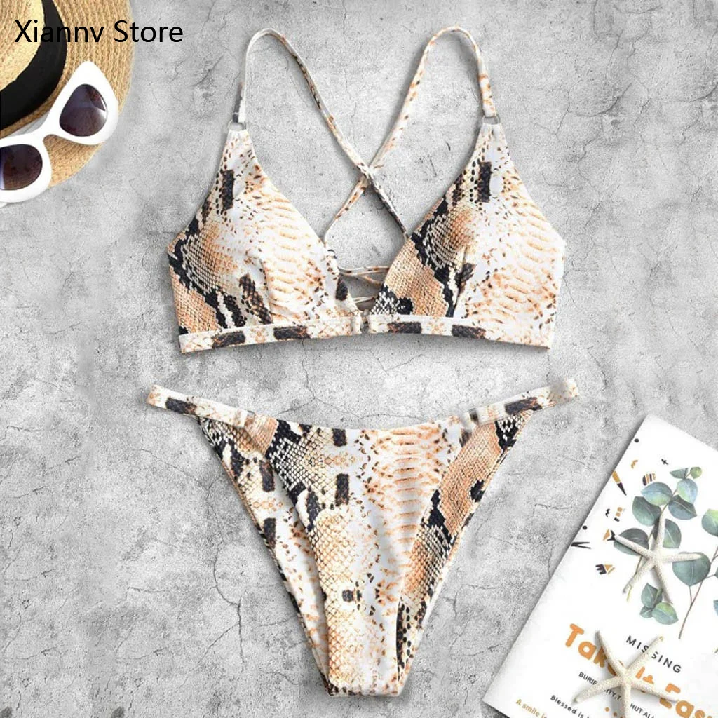 Women Sexy Snakeskin O ring Lace up Bikini Swimsuit Bathing Swimsuit