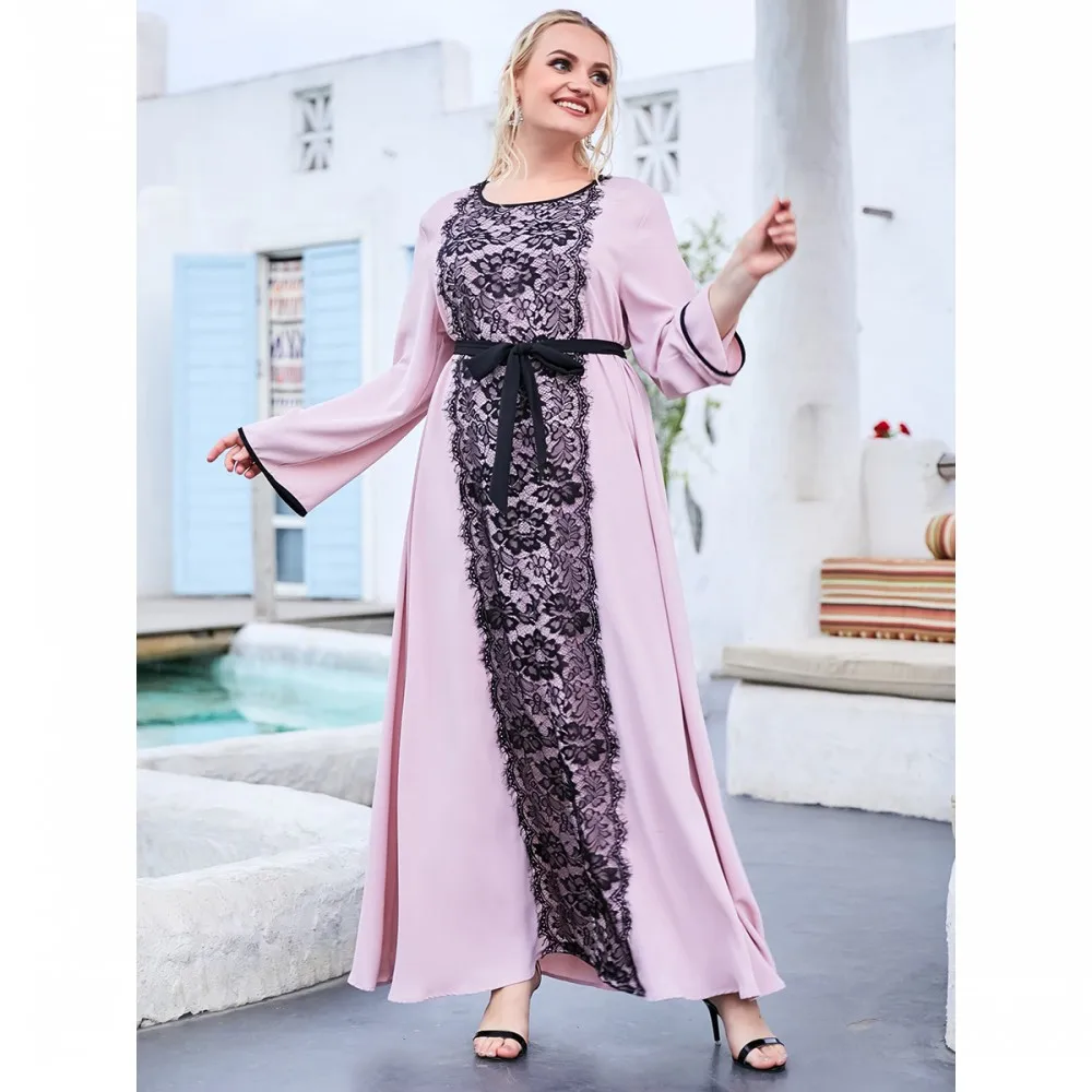 Big Size Turkey Muslim Ladies Lace Dress Middle East Style Belt Long Sleeve Dress 2021 Spring And Autumn New Leisure Dubai Abaya