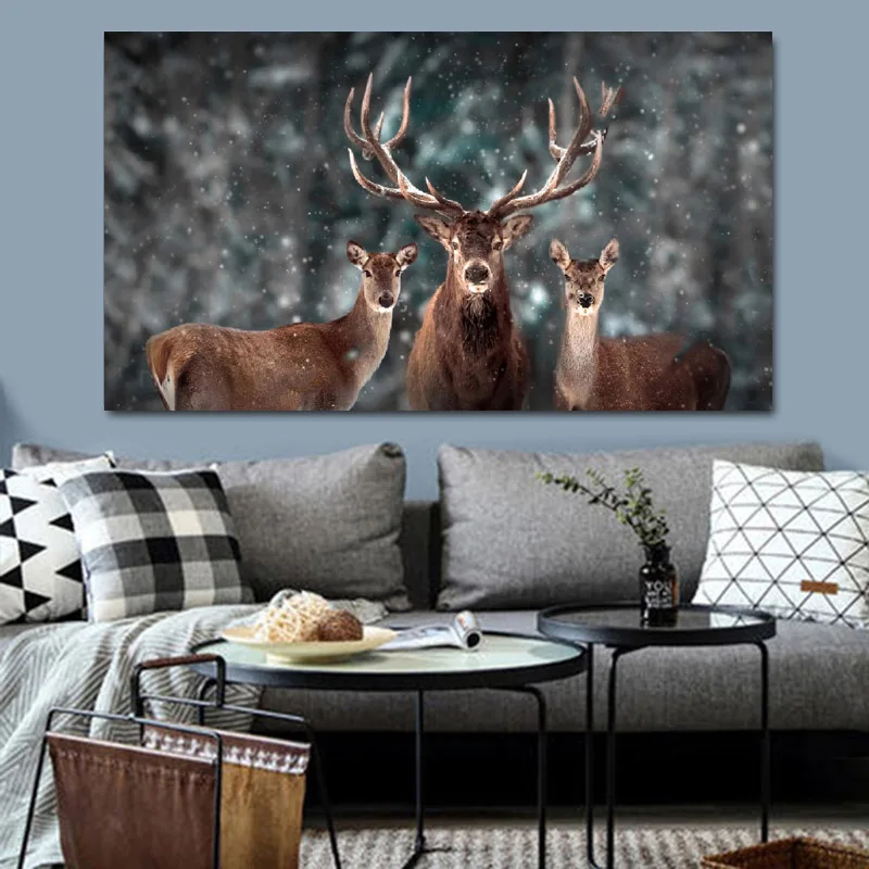 Frameless Large Size Wall Art Canvas Painting Deer In The Winter Woods Poster HD Print Animal Pictures for Living Room Decoration 20x35cm 8x14in 