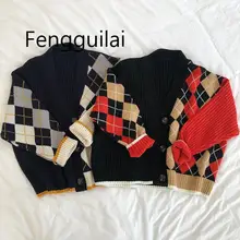 FENGGUILAI INS Hot Women Knitted Cardigans Stylish 3 Colors Spring Winter Autumn V Neck Color Patchwork Plaid Sweater FENGGUILAI INS Hot Women Knitted Cardigans Stylish 3 Colors Spring Winter Autumn V Neck Color Patchwork Plaid Sweater