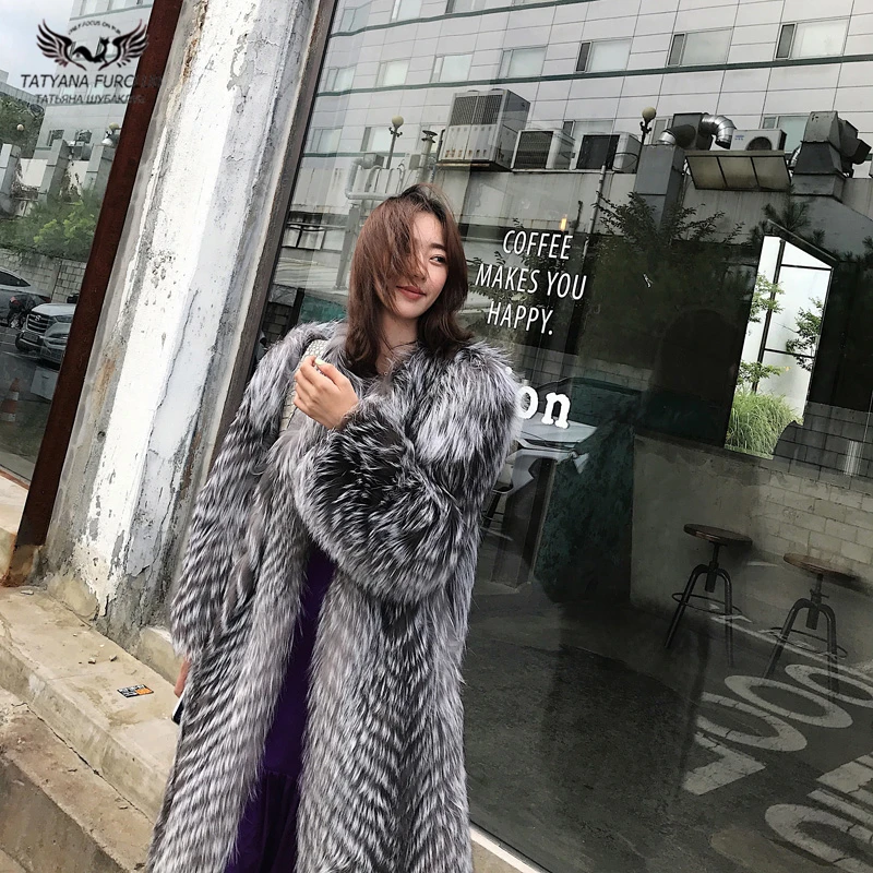 Tatyana Furclub/пальто из натурального меха пальто из натурального Лисьего меха серебристого цвета Модная приталенная куртка из лисьего меха для девочек повседневное зимнее пальто с длинными рукавами и круглым вырезом