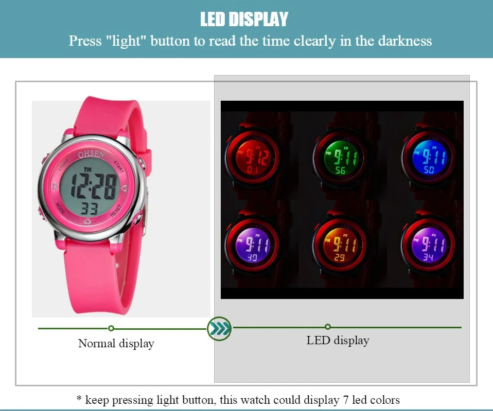 Fashion OHSEN Digital Child Kids Wristwatch Child Girls Silicone Strap 50M Swim Dive Sport Watch Boys 7 colors Alarm Clock Gift 4