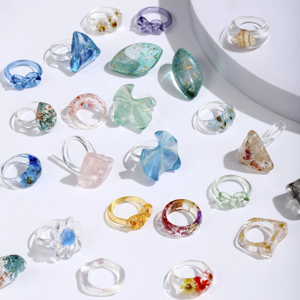 Lost Lady INS-anillos de resina transparente para mujer, joyas de corazón con flor de concha bonita, joyería al por mayor, regalos de fiesta para niña