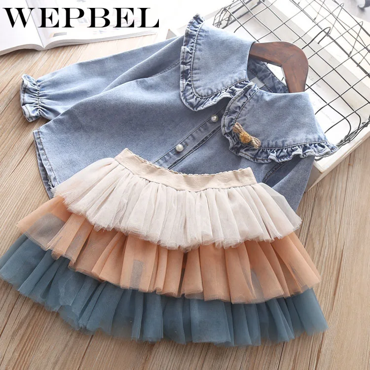 WEPBEL/комплекты одежды для девочек; Весенняя детская одежда; джинсовые рубашки с длинными рукавами+ многослойная юбка-пачка; комплект из 2 предметов; одежда для малышей