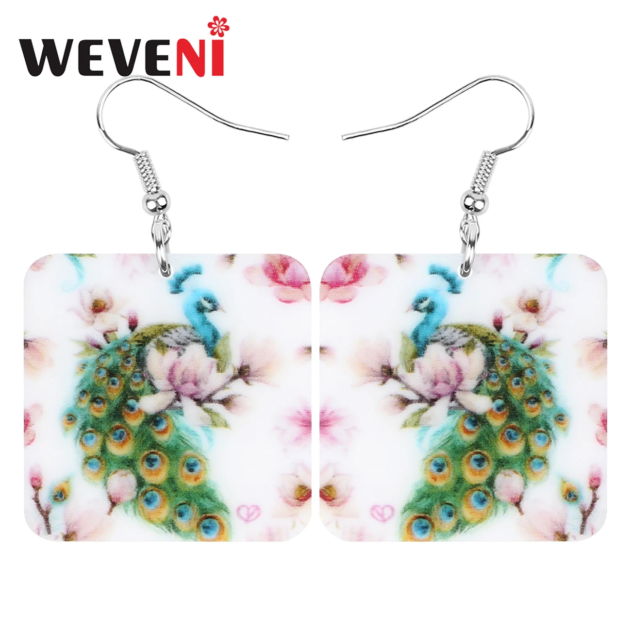 WEVENI Acrylic Square Elegant Peacock Peafowl Earrings Big Print Wild Bird Animal Dangle Drop Jewelry For Women Kids Charm Gift | Украшения