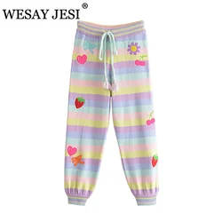 WESAY JESI – pantalon taille haute pour femme, rayé, doux, ample, tricot, cordon de serrage, élastique, à la mode, 2021 
