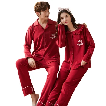 

Autumn Winter 100%Cotton Couple Pajamas Set Long Sleeve Turn-down Collar Cardigan Plus Size M-3XL Lovers Sleepwear Homewear