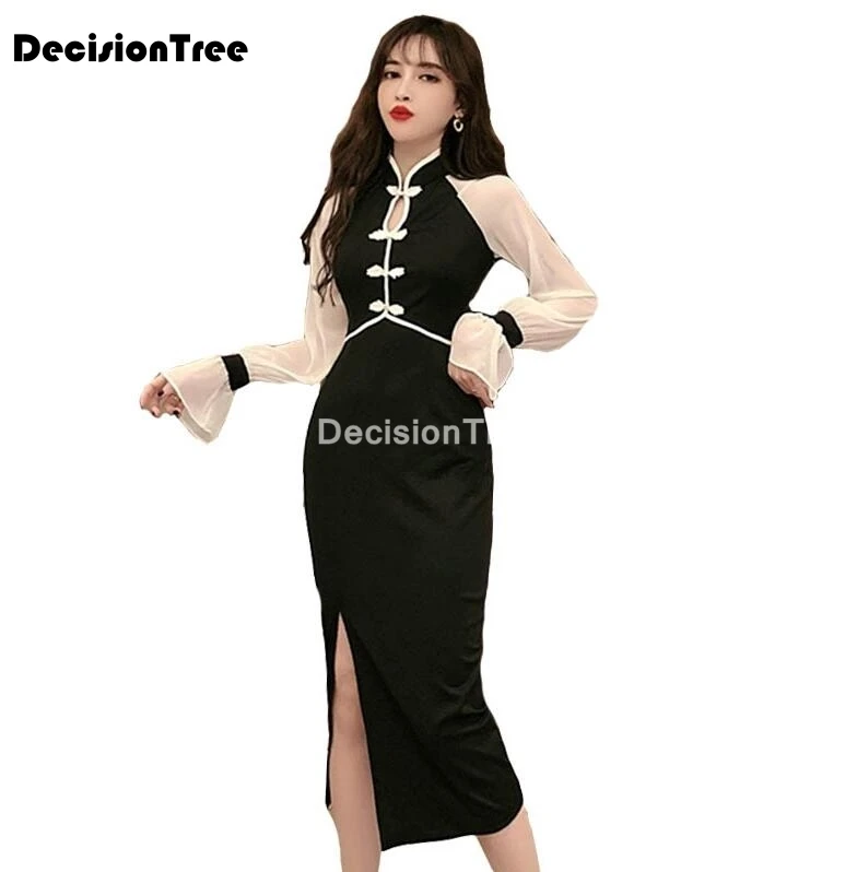 Женское китайское платье с высоким разрезом ажурное Ципао длинным рукавом