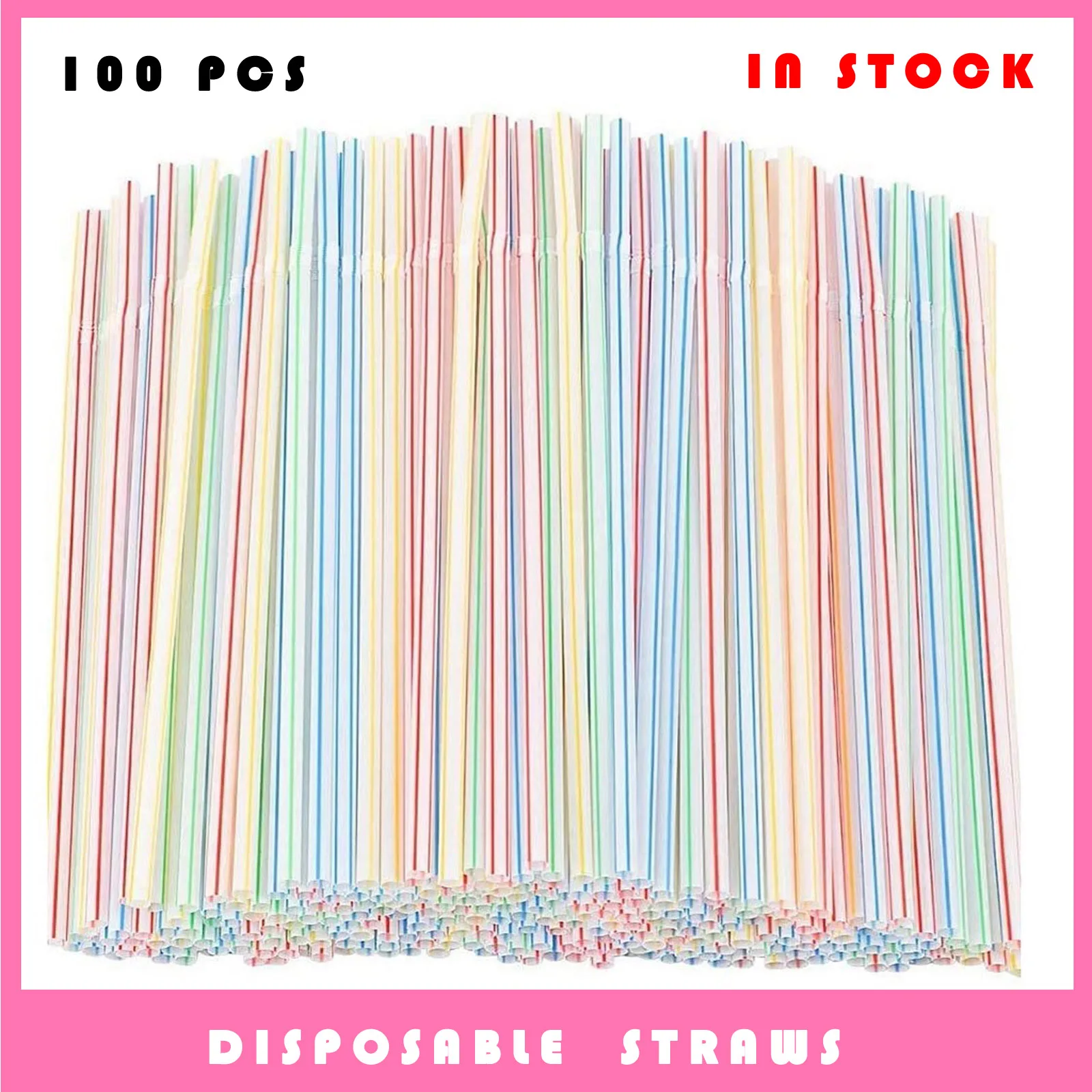 100pcs Plastic Drinking Straws 8 Inches Long Multi-Colored Striped Bedable Disposable Party Multi Colored Rainbow Straw | Дом и сад