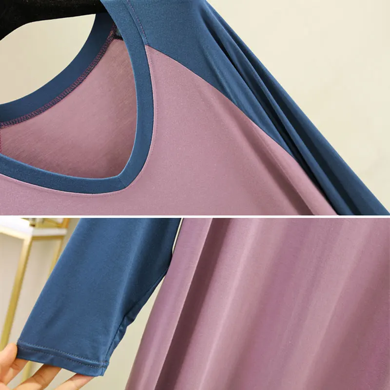 Spring Long Sleeve Nightgowns Women V-neck Modal Sleepshirts LeisurePatchwork Lounge Wear Breathable Simple Pregnant Nightwear