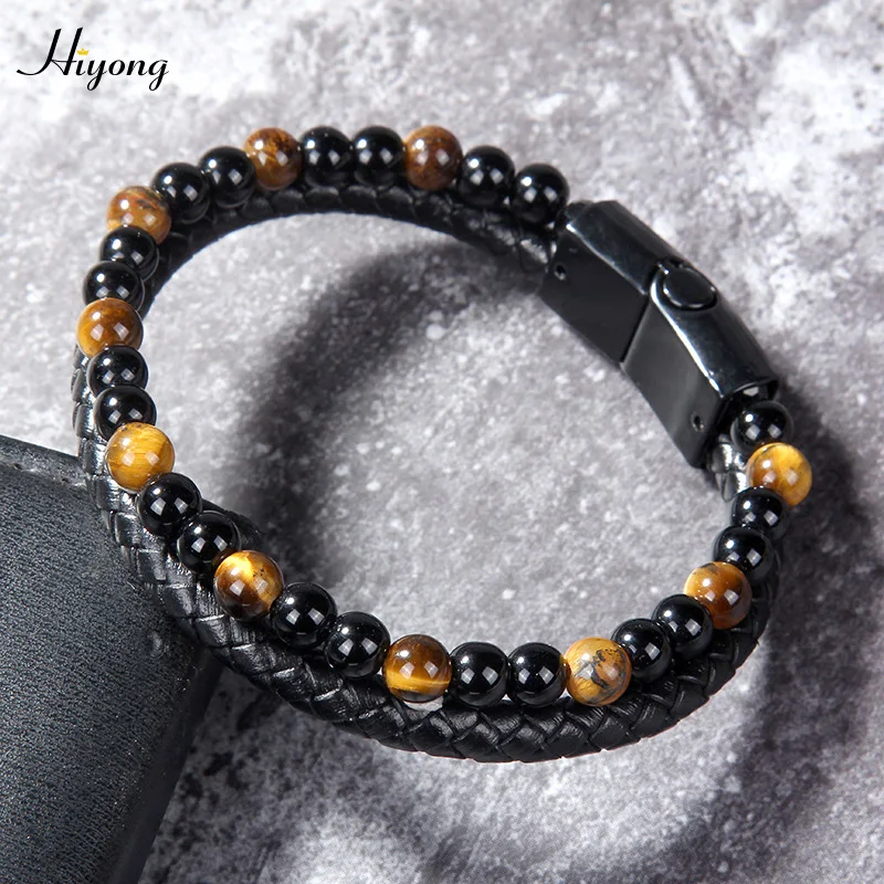 Stainless Steel Genuine Leather Bracelet Natural Stone Tiger Eye Bead Magnetic Clasp for Men Fashion Jewelry | Украшения и