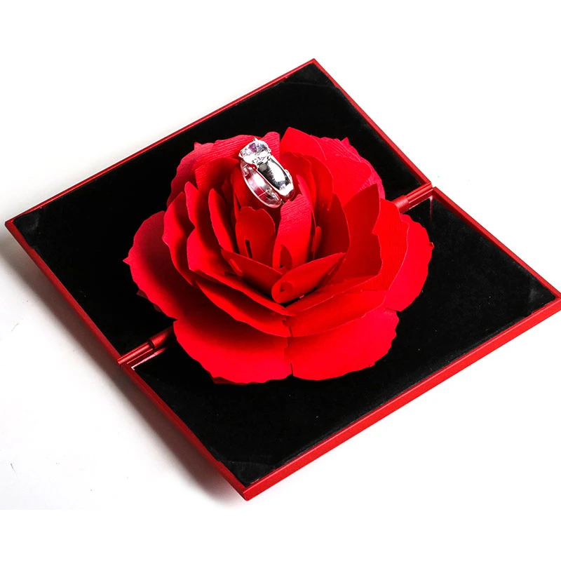 3D Fashion Elegant Rings Joyful Red Box Wedding Engagement Case Rose Flower Gift For Love Jewelry Display Storage Holder