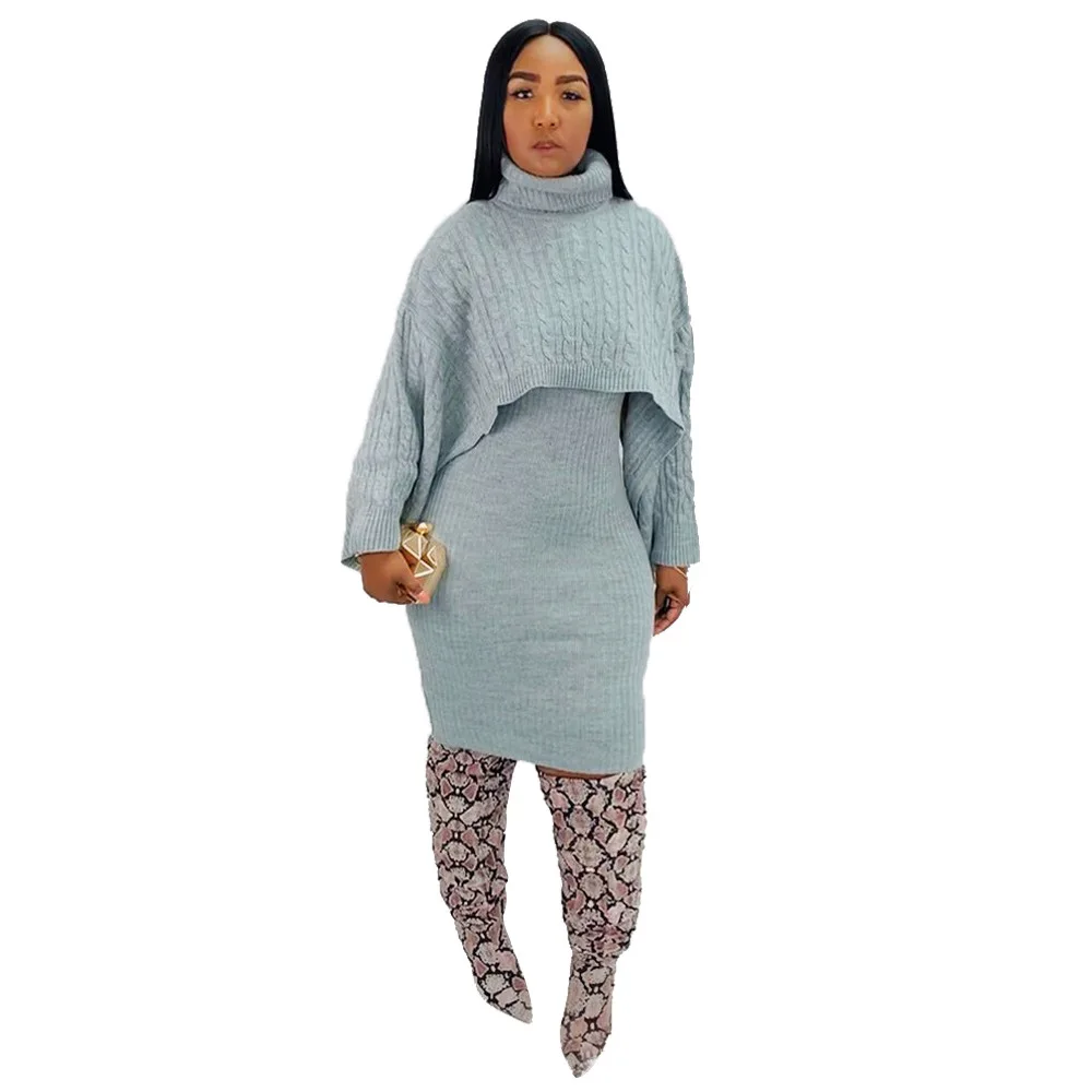 Autumn Winter Knitted Sweater Two Piece Set Turtleneck Long Sleeve Loose Crop Top+ Bandage Midi Tank Dress Plus Size Tracksuit