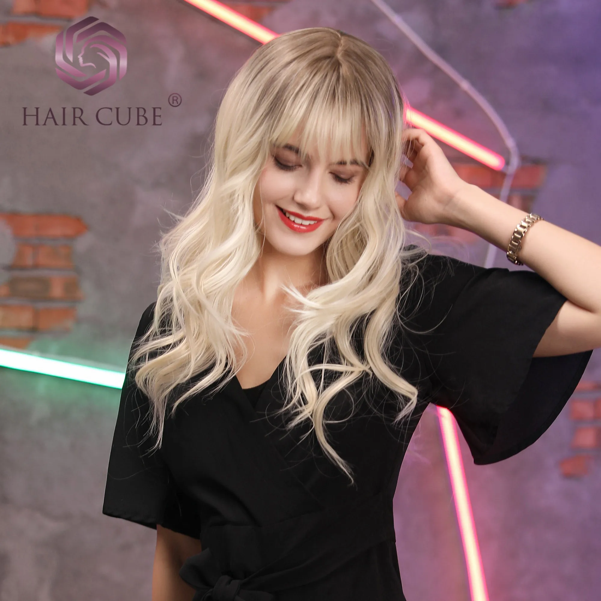Haircube 18 дюймов длинный синтетический парик с челкой темный корень светильник цвет