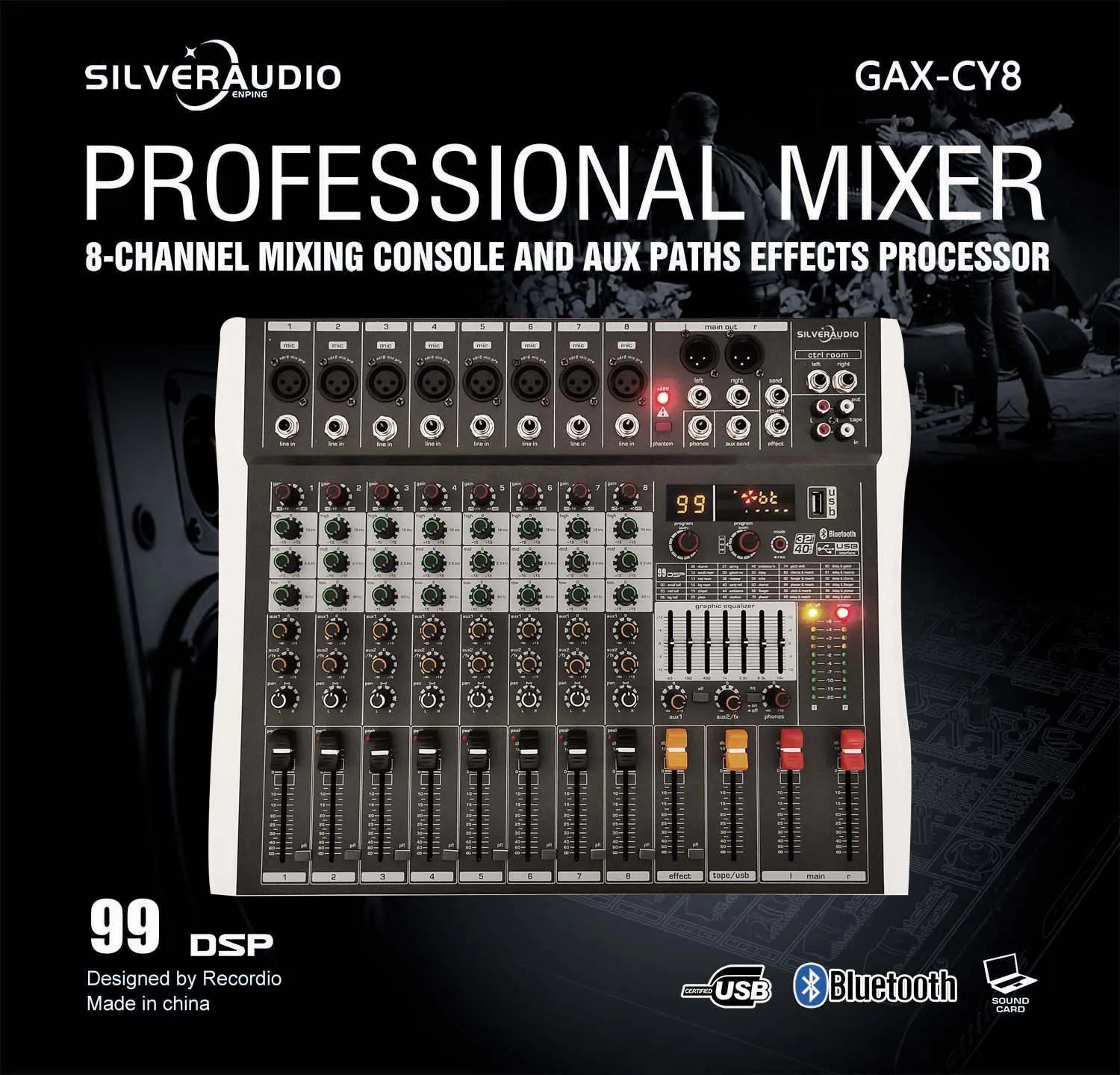 GAX-CY8 핫 세일 전문가용 8채널 오디오 믹서 USB BT DJ 사운드 믹싱 콘솔 99 DSP 이펙트 포함