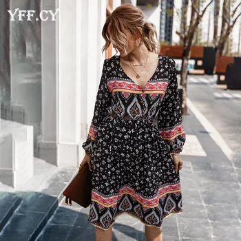 

202 Spring Summer bohemian holiday long-sleeve Floral Printed midi dress Women Sexy V neck Elegant Casual dresses Female Robe