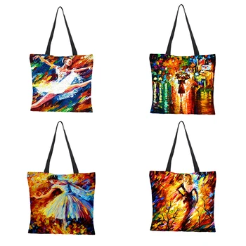 

Customize Tote Bag oil printing Figure Traveling Shoulder Bags Eco Linen Shopping Bags For Women with Printing shoulder bag