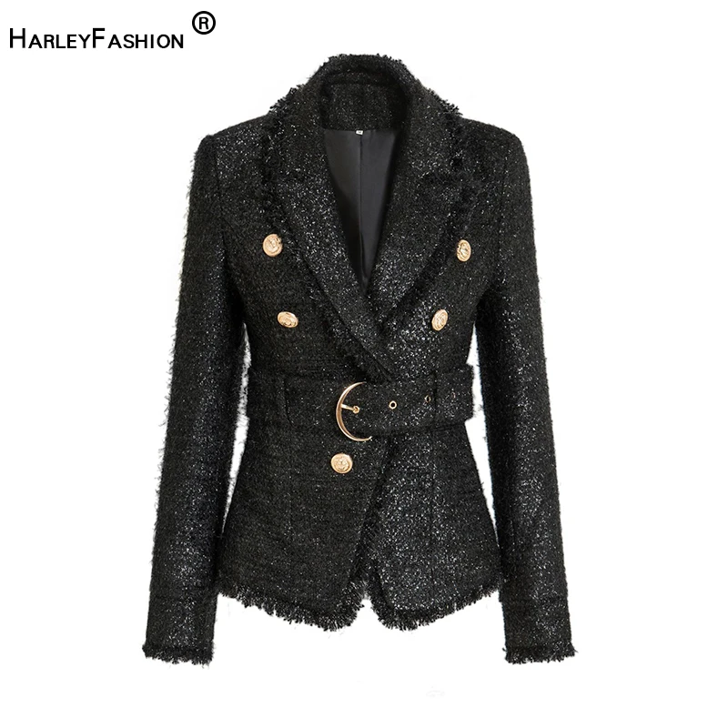 HarleyFashion European Spring Fall Vintage High-Luxury Solid Color  Tweed Tassel Blazer Lace-Up Personality Slim Female Jacket