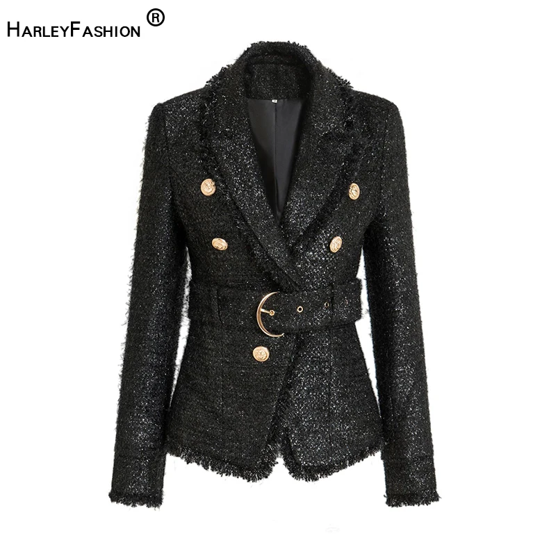HarleyFashion European Spring Fall Vintage High-Luxury Solid Color Tweed Tassel Blazer Lace-Up Personality Slim Female Jacket | Женская