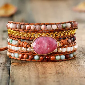 Premium Designer Leather Bracelet Rhodonite Mix Chain 5 Strands Woven Wrap Bracelets Bohemian Charm Bracelets Dropship