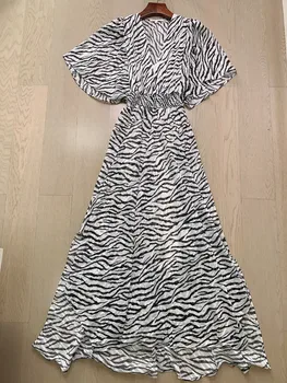 

Zebra Stripes V-neck Women Midi Dress 2020 New Two-piece Set Asymmetrical Elastic Waist Ladies Long Dresses