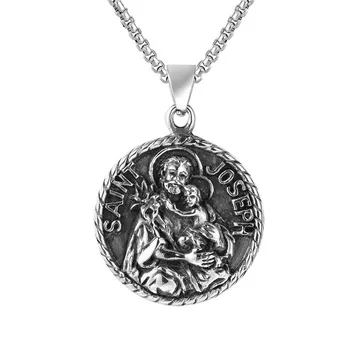 

Retro Jesus Necklace Round Pendant for Men Boy Saint-Joseph Christian Religious Male Jewelry Stainless Steel 24Inch