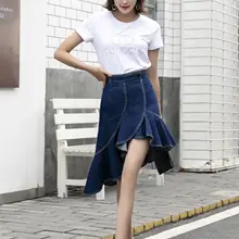 Новая Осенняя женская короткая юбка с оборками, с высокой талией, нерегулярные, рыбий хвост, хлопковые юбки синего цвета, 1908