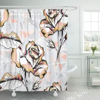 

Pattern of Gold Rose Flowers on Abstract Geometry Geometric Shower Curtain Bathroom with Hooks,Waterproof Polyester Curtain