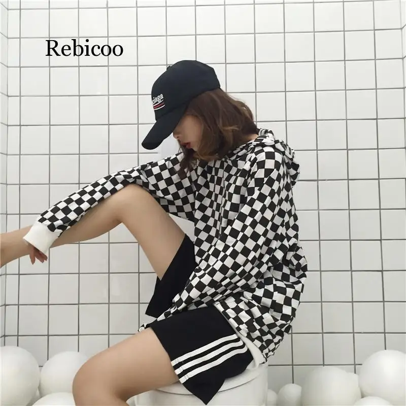 Женский свитшот в клетку Rebicoo черно белый Свободный с длинным рукавом и капюшоном
