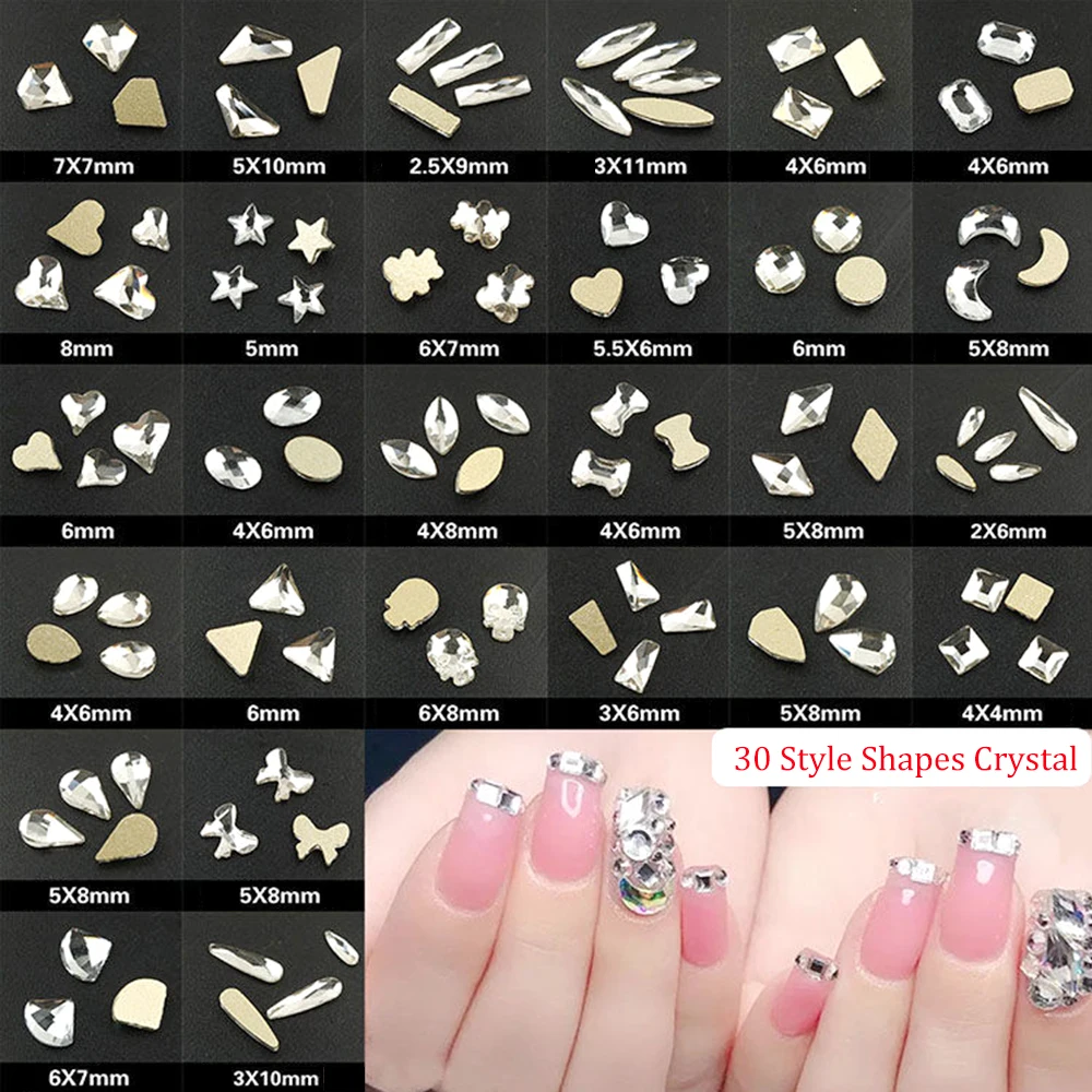 30Pcs Nail Art Rhinestones Flat Shaped Mini Strip Glass Colorful Stones For  3D Nails Decoration 6 Colors