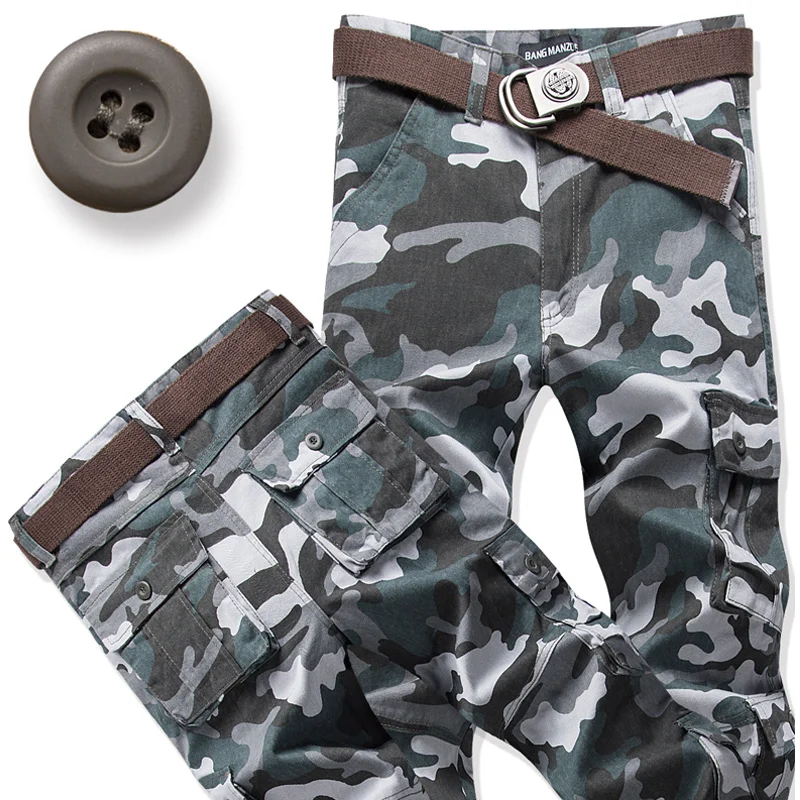 Blue camouflage Мужские брюки с несколькими карманами, чистый хлопок, комбинезоны, брюки, свободные брюки, мужские камуфляжные военные повседневные мужские брюки большого размера плюс - Цвет: Blue camouflage