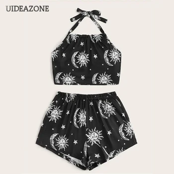 

UIDEAZONE Star Moon Sun Print Women Two Piece Set Halter Crop Tank Top Short Sets Woman Suits 2020 Spring Summr Streetwear