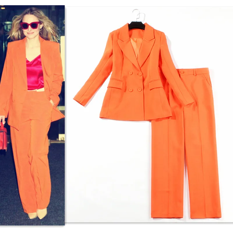Hoge kwaliteit pak Britse stijl mode Professional OL Formele orange jasje wijde pijpen broek