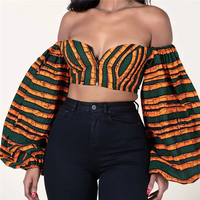 Nkechi Ankara Printed Off Shoulder Long Sleeve Crop Top