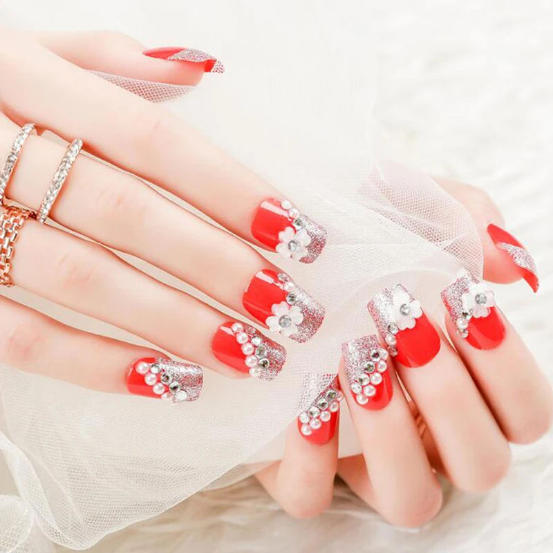 

24pcs/set Press On Nails Fresh Style Flowers Printing Artificial Nails Design Red Fake Nail With Glue Nail Tips