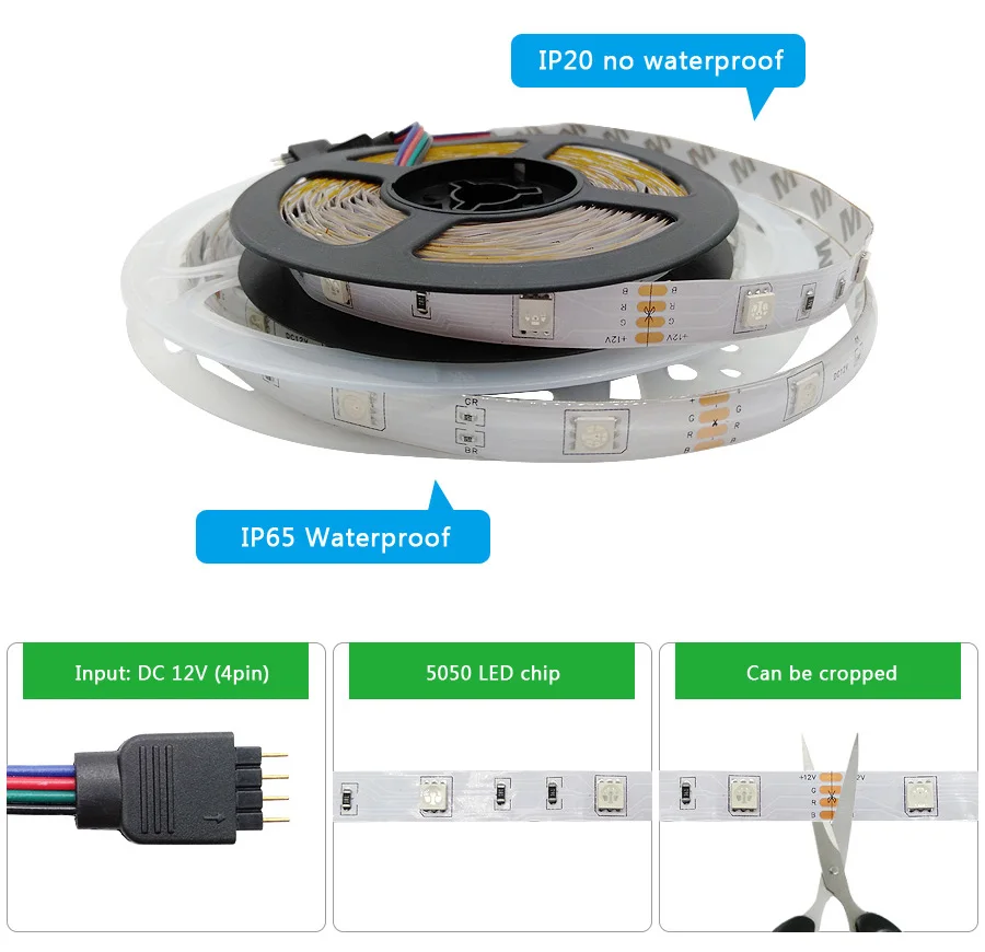 LED Strip Light RGB 5050 2835 Flexible Ribbon WiFi Bluetooth 12V led strip 20M 5M 10M 15M Waterproof Tape Diode+Control+Adapter