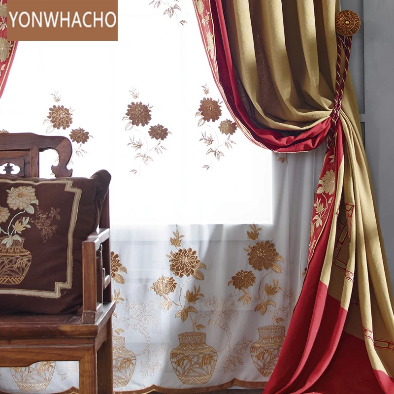 Custom curtains luxury stitching living room embroidered gold red thick velvet cloth blackout curtain valance tulle panel B573