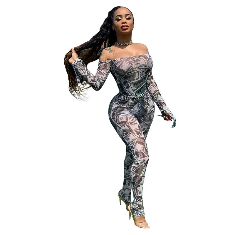 

Sexy Jumpsuit Women Money Dollar Print Sheer Mesh Off Shoulder Long Flare Sleeve Skinny Women Romper Night Overall Club Outfits