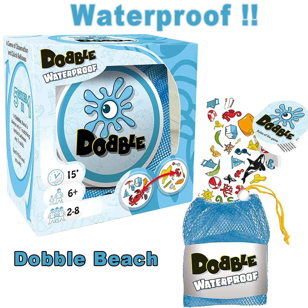 Juego de cartas de playa de Dobble, versión resistente al agua, animales HP Go, Camping, Hip, juegos de mesa para niños, regalo Alphabet123, reglas de vacaciones en la carretera