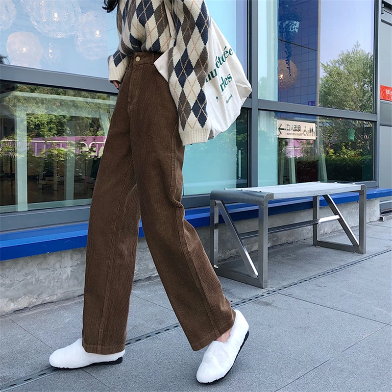 BGTEEVER Vintage High Waist Straight Pants Women Casual Winter Corduroy Pants Female Wide Leg Trousers Women pantalon femme