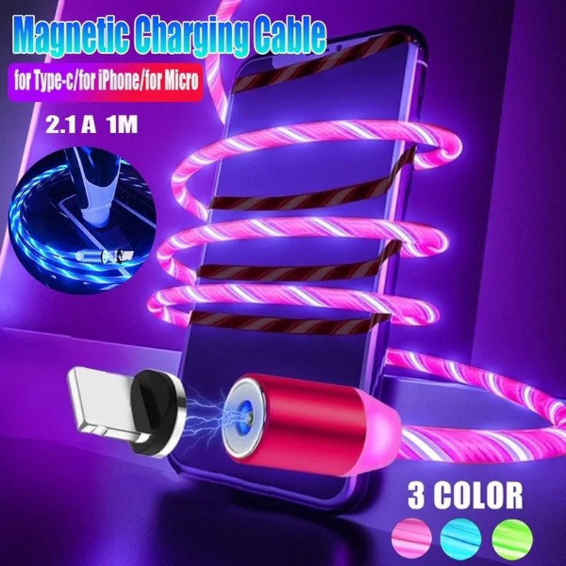 

Magnetic Cable Fast Charging Flowing Luminous Magnet Micro USB Type C Cable For iPhone X XE XR Samsung S10 LED Wire Cord Charger