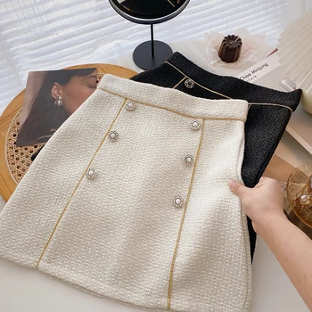 Tweed Skirts for Women Solid High Waist Slimming Skirts Autumn Spring 2022 Buttons Double Breasted Tweed Wool Mini Skirt 5