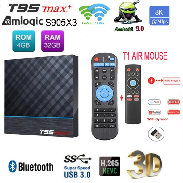 T95 MAX Plus Android BOX 9,0 Amlogic S905X3 2g 16g 2,4g wifi USB 3,0 HDR 3D 8K ТВ-приставка - Цвет: 4G 32G T1