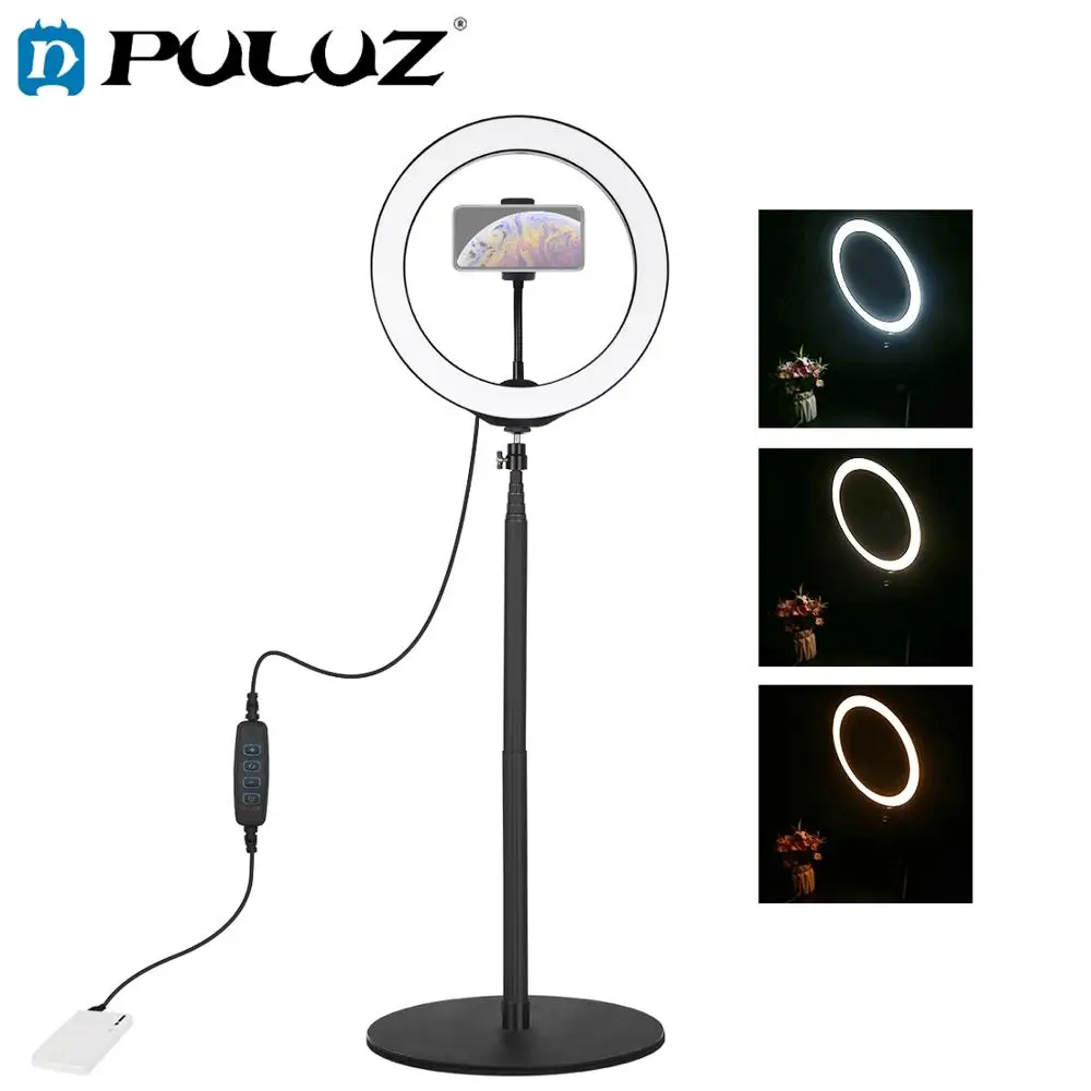 PULUZ 140 см круглое основание настольное крепление+ 10,2 дюймов 26 см светодиодный светильник для видеосъемки+ Штатив для холодного башмака с шаровой головкой и зажимом для телефона