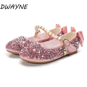 

Girls leather shoes wedding 2020 new fashion children dress shoes bow princess crystal flat shoes dance shoe sequin upper pink